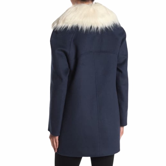 Laundry By Shelli Segal Faux Fur Collar Wool Blend Coat Misty Blue Size M NWT - Picture 2 of 8